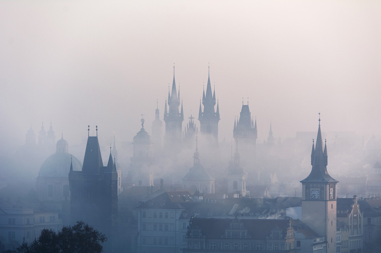 Historic Prague is shrouded in fog