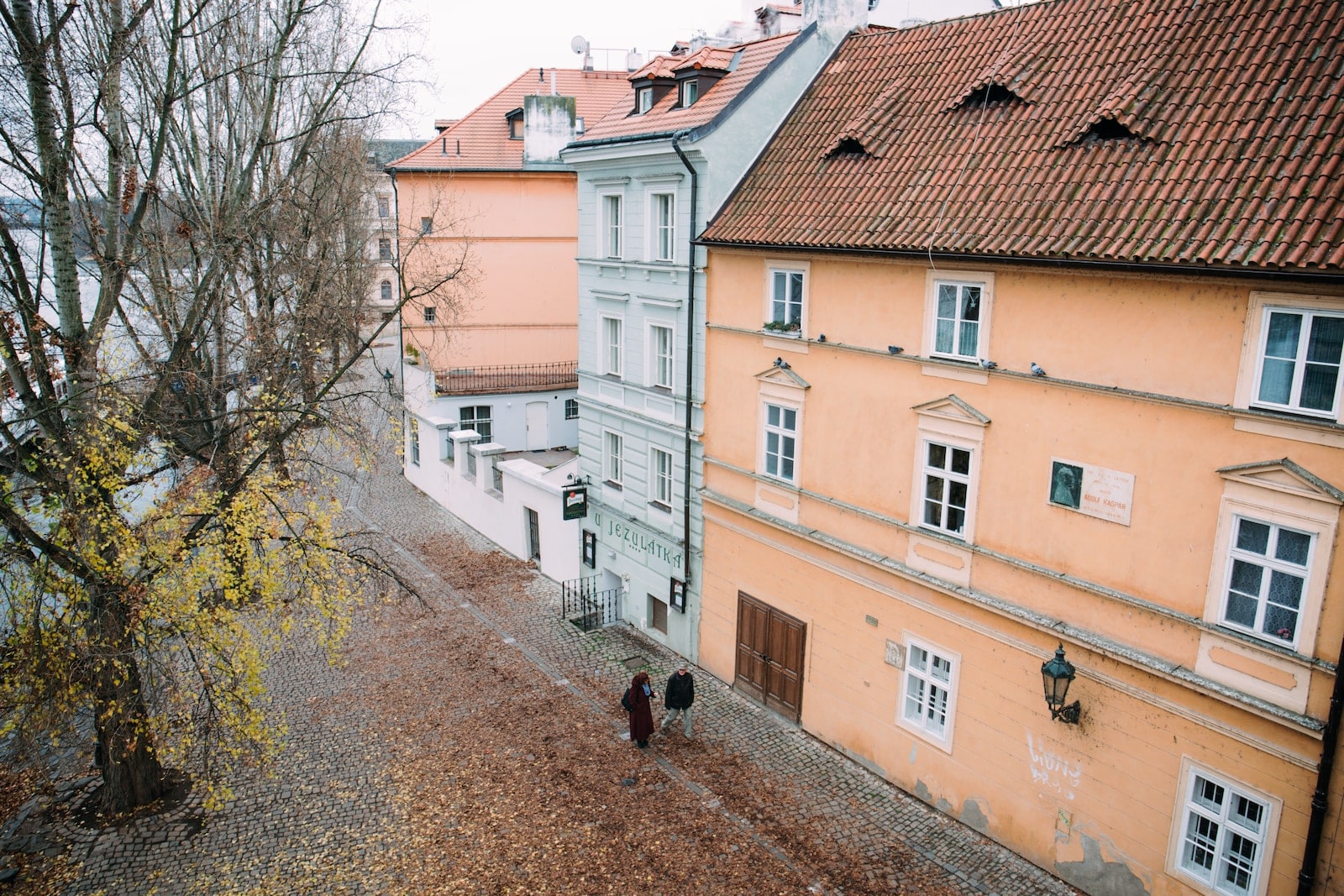 A man and a woman walk by a three-story house and a green tree in Prague